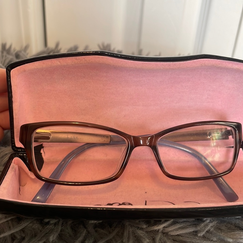 Blue and brown eyeglasses.
